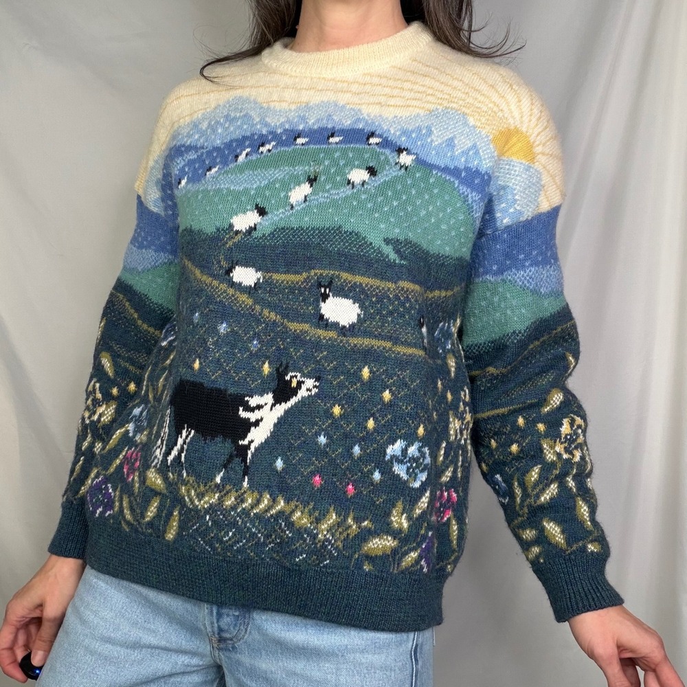 Vintage Wool Sheep Sweater Simply Splendid Pastoral Landscape Dog Scenic Scene M - Picture 12 of 12